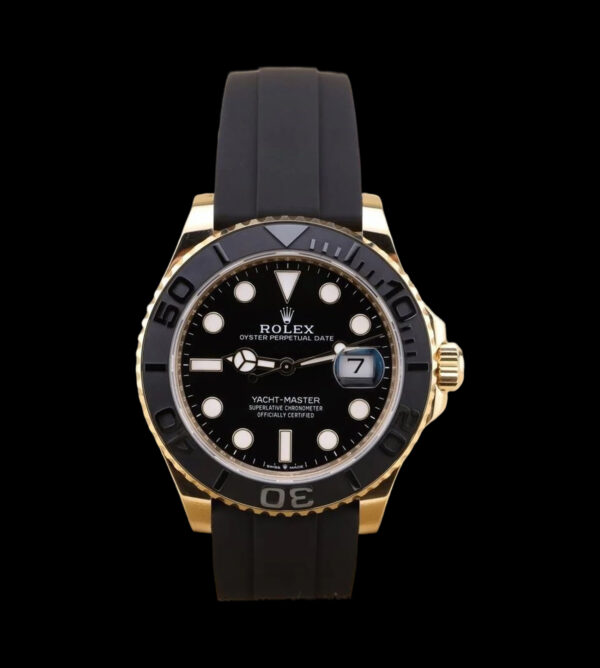 rolex yacht master 42 réplica frontal oro amarillo esfera negra oysterflex