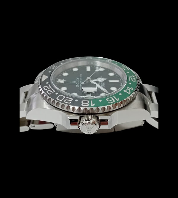gmt master ii superclon sprite detalle corona izquierda bisel cerámico verde negro