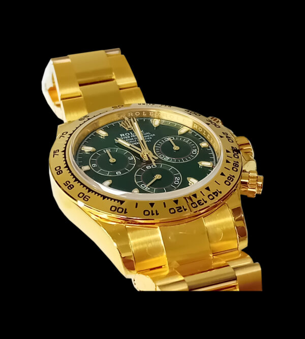 Rolex réplica Green John Mayer vista con caja y brazalete en oro 18K