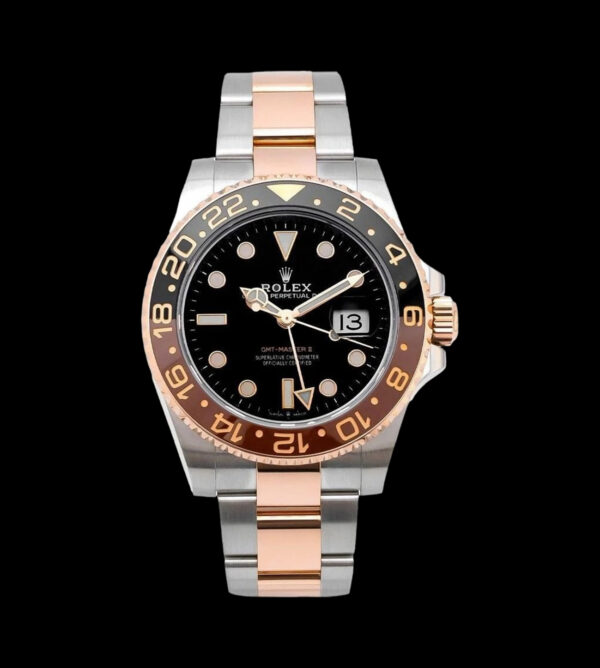 rolex gmt master ii rootbeer réplica frontal acero 904l oro rose bisel marrón negro