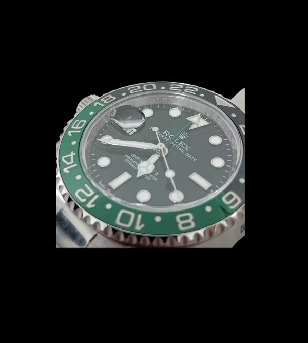 rolex gmt replica sprite detalle esfera negra bisel cerámico verde negro