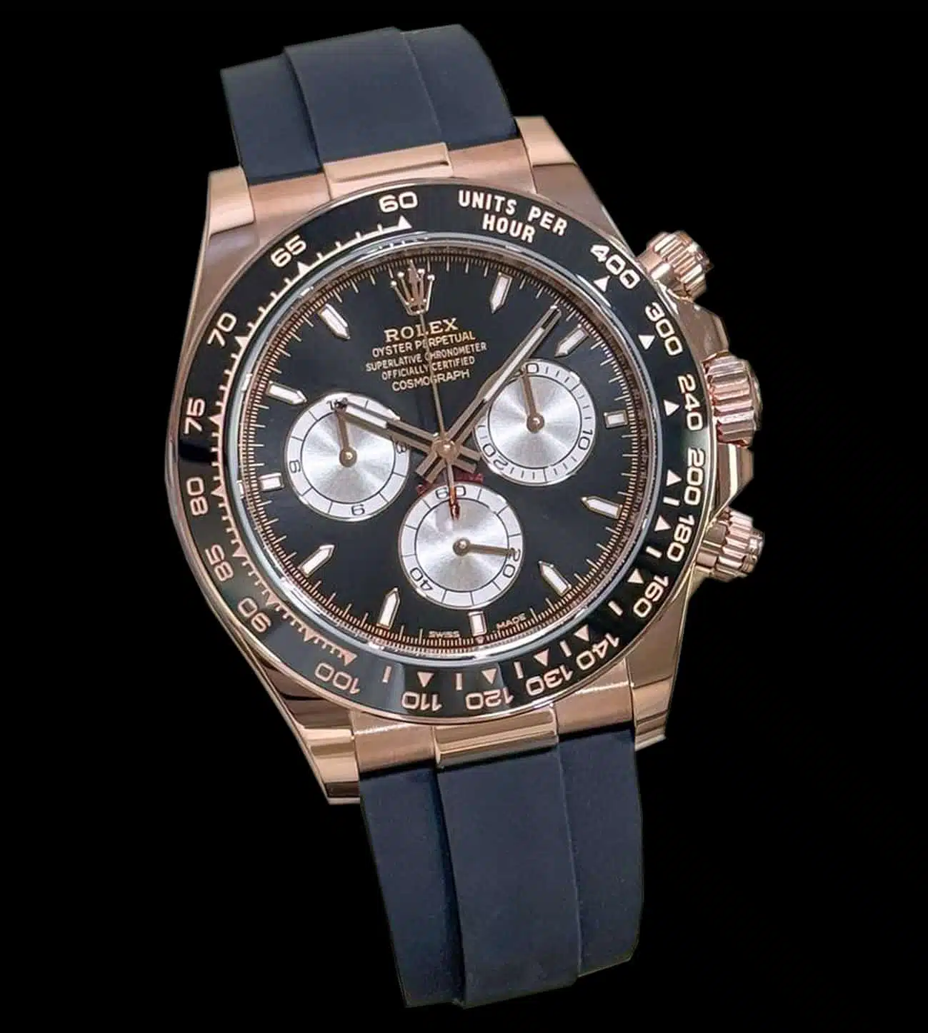 Daytona super clone oro rosado con correa Oysterflex y bisel cerámico