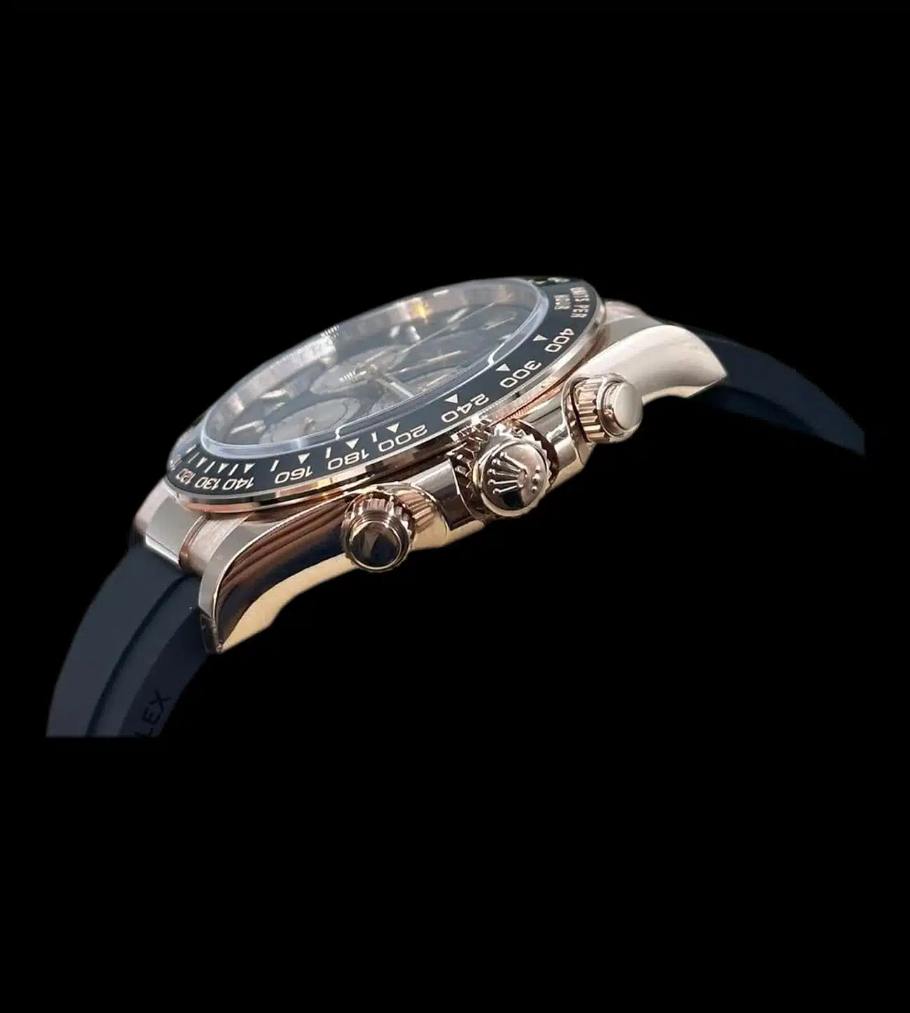 Pulsadores de cronógrafo Rolex réplica oro rosado con acabado pulido