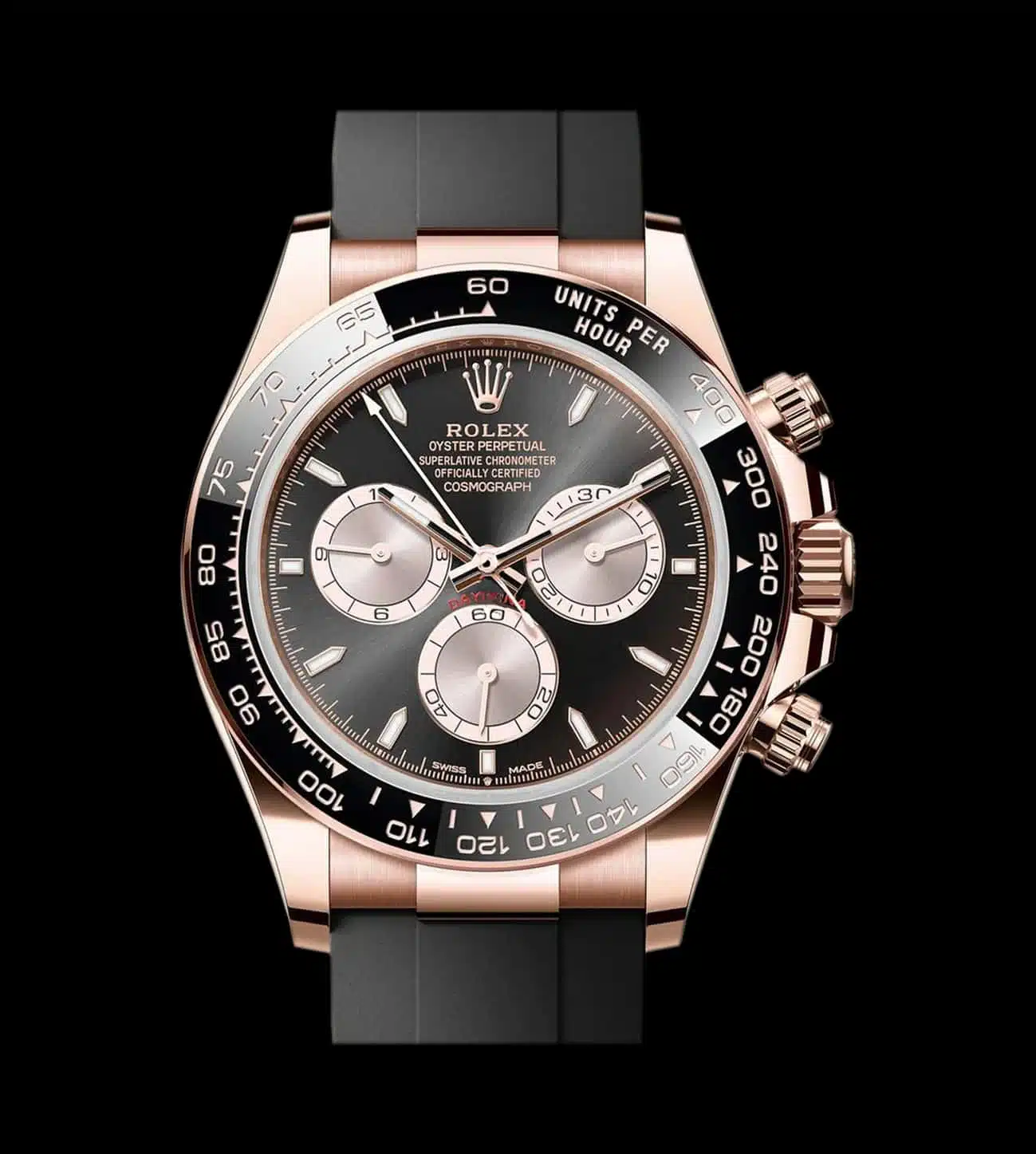 Rolex replica Gold Rose con esfera negra y bisel cerámico vista frontal