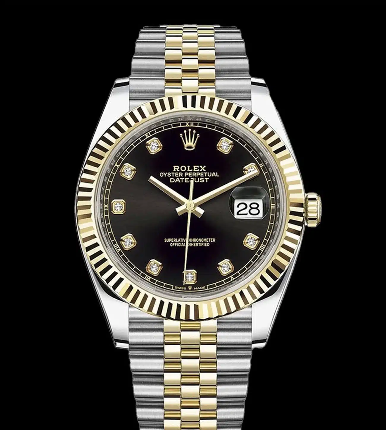 rolex datejust diamonds bicolor replica esfera negra jubilee vista frontal