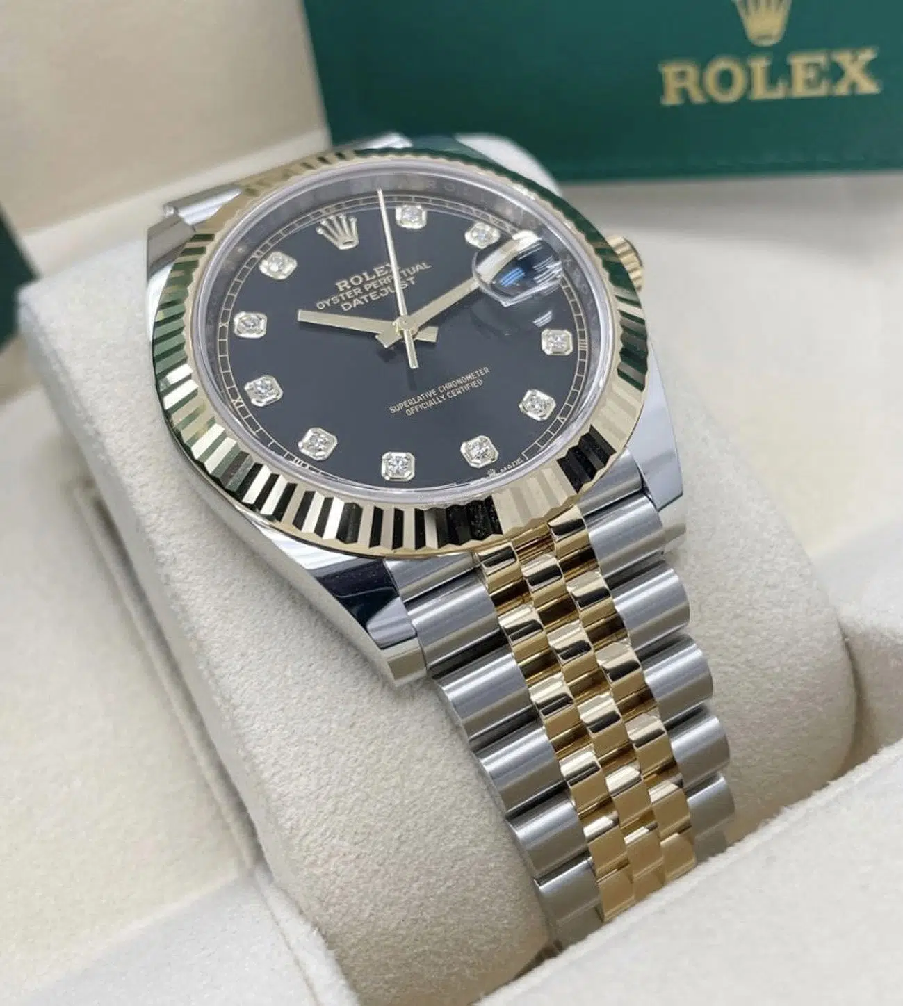 rolex datejust diamonds bicolor replica jubilee oro 18k vista en expositor