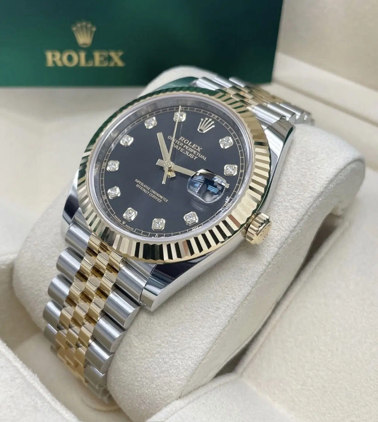 caja oyster rolex datejust bicolor diamonds replica vista lateral