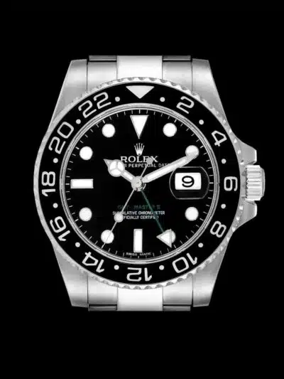 rolex gmt master ii steel black replica bisel cerachrom negro esfera negra aguja Chromalight vista frontal