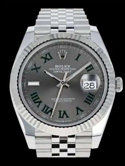 rolex wimbledon réplica esfera gris romanos verdes vista frontal