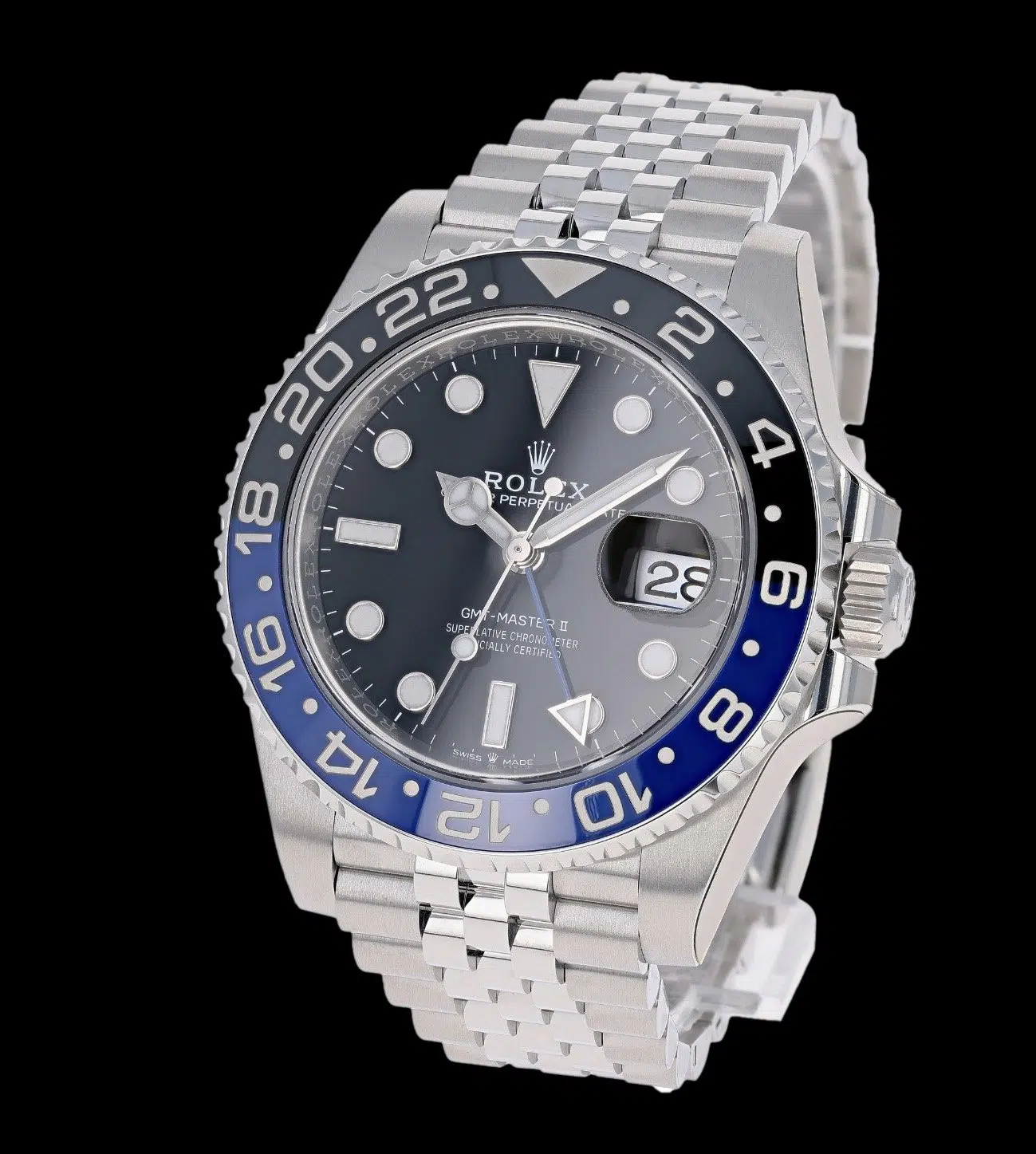 replica rolex gmt master batman bisel azul negro acero 904L vista inclinada
