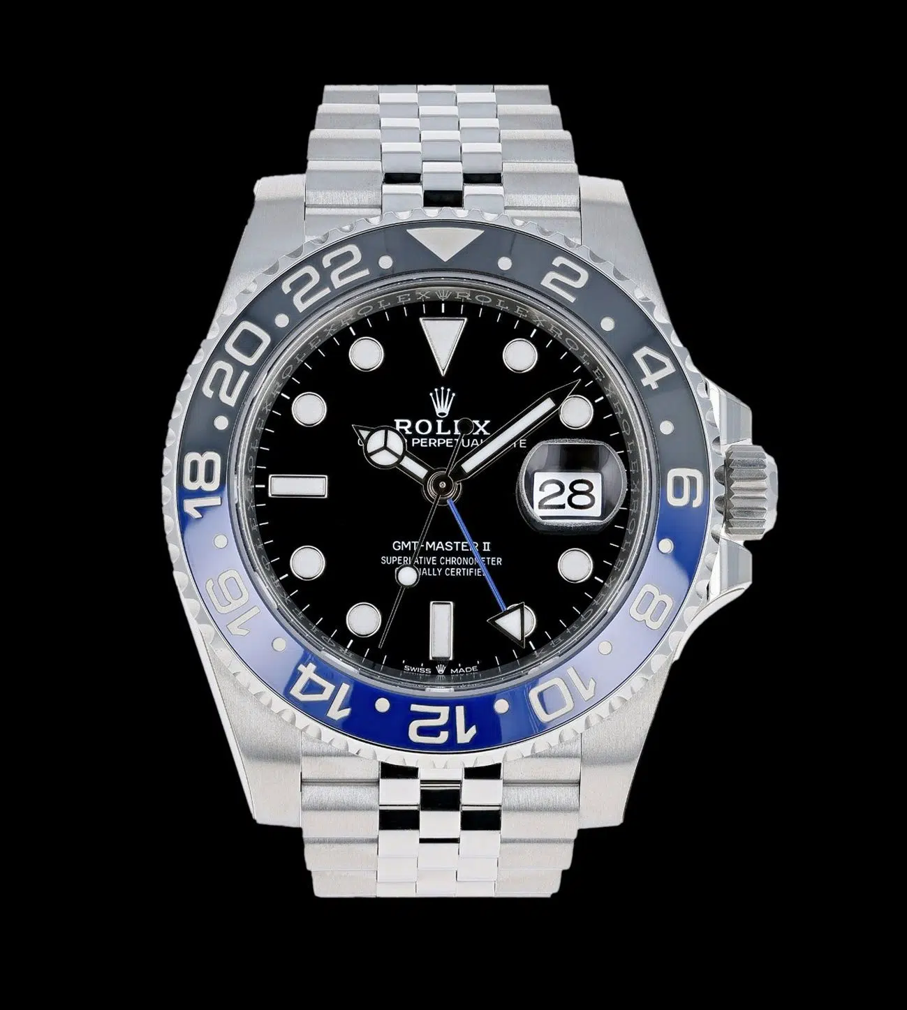 rolex gmt master ii batman replica bisel azul negro brazalete jubilee acero 904L vista frontal