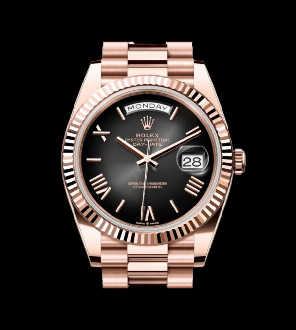 rolex day date oro rose replica esfera negra romanos frontal