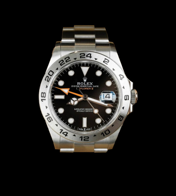 rolex explorer 2 replica frontal esfera negra 42 mm acero
