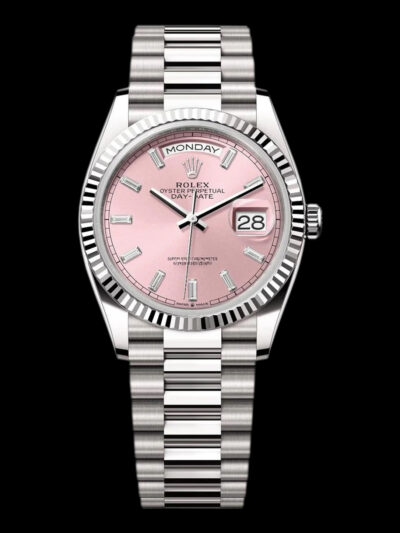 rolex replica day date rosa 36mm frontal esfera rosa cristal zafiro