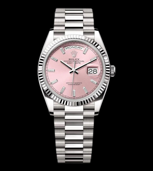 rolex replica day date rosa 36mm frontal esfera rosa cristal zafiro