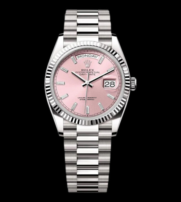 rolex replica day date rosa 36mm esfera rosa cristal zafiro vista frontal