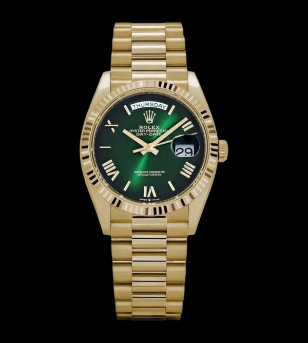 Rolex Day-Date réplica oro amarillo 36 mm esfera verde vista frontal