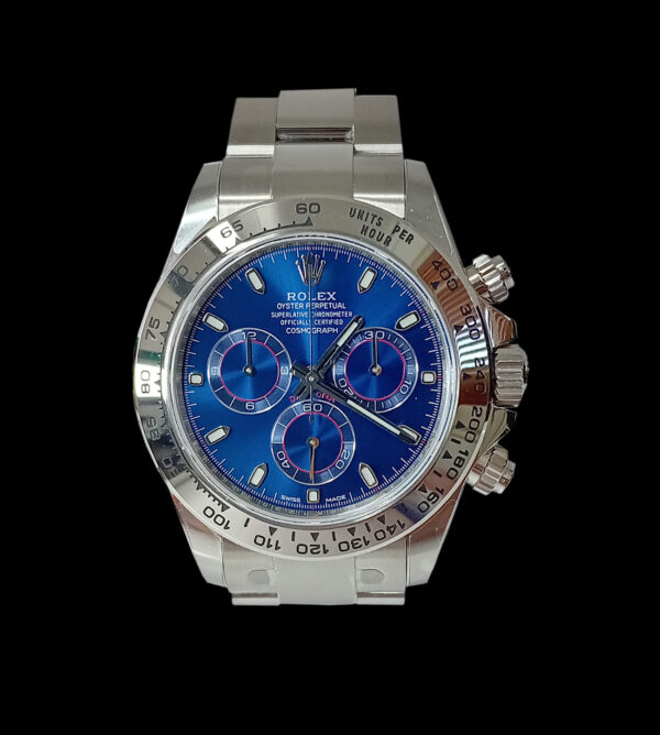 Rolex réplica Daytona new 2025 con esfera azul y caja de acero 40 mm vista frontal