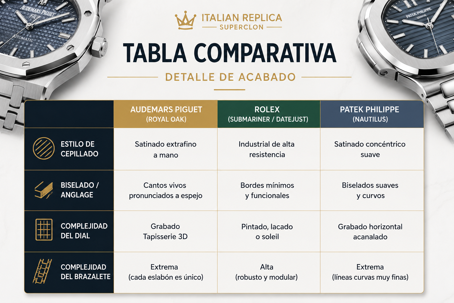 Tabla comparativa de los acabados de Audemars Piguet Royal Oak, Rolex Submariner y Datejust, y Patek Philippe Nautilus con diferencias en cepillado, biselado, dial y brazalete.